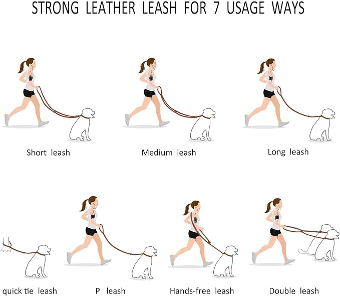 Guiding Star 8ft Leather Dog Leash - Soft Multi-Function 6 in 1 Training Walking Leash, Hands Free, Dual, Crossbody for Small, Medium and Large Dogs, Service Dogs - Red