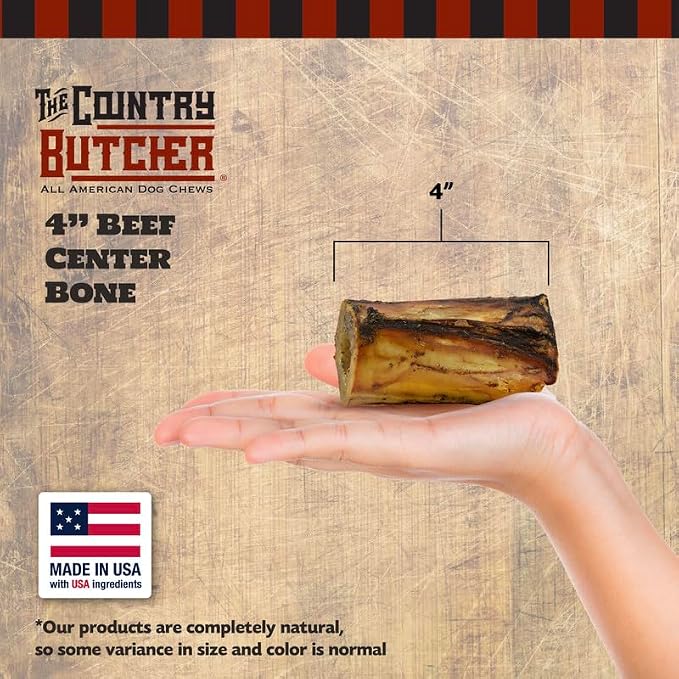 THE COUNTRY BUTCHER 4" Beef Marrow Dog Bones for Aggressive Chewers, Medium Breed Dog Treat, with Collagen, Natural, Tough, Chew Toy, Made in the USA, 6 Count