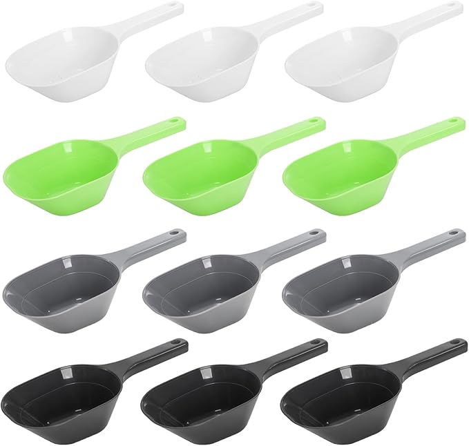 DEAYOU 12 Pack Dog Food Scoop, 1 Cup Plastic Pet Food Scoop with Measuring Lines, Multi Purpose Kitchen Scoop Measure Cups for Puppy, Flour, Ice Cube, Accurate Portion Control, 4 Colors