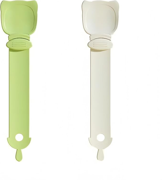 Multifunctional Cat Strip Squeeze Spoon - Cute Cat Head Feeder, 3 Color Strip, Wet Food Dispenser & Treat Spoon (Pet Supplies) (Green-1PCS+Beige-1PCS)