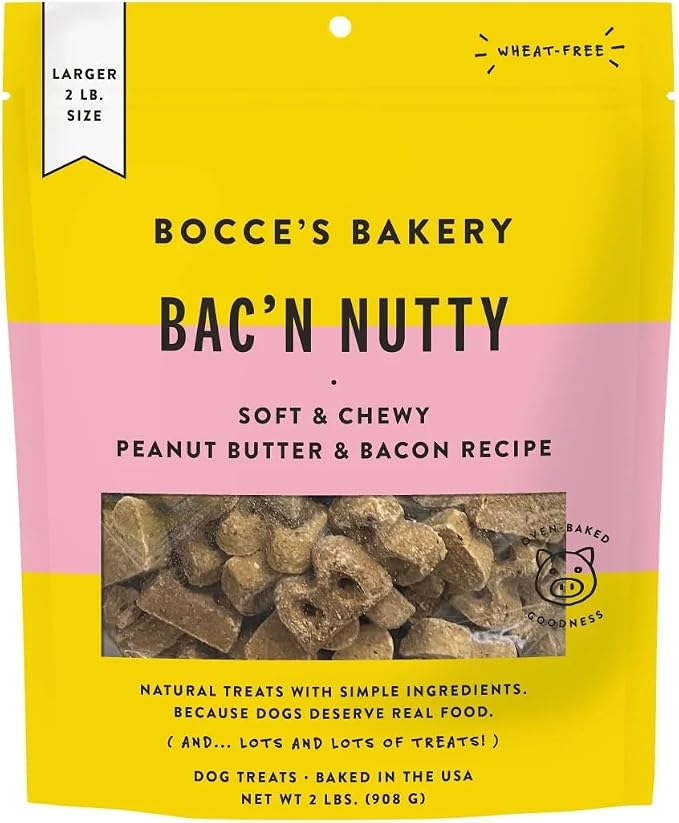 Bocce's Bakery Bac' N Nutty Soft & Chewy Peanut Butter & Bacon Recipe Natural Dog Treats, Wheat-Free, 2 lb (Pack of 1) | All-natural recipe with real ingredients baked in small batches—ideal training rewards or everyday snacks for all breeds