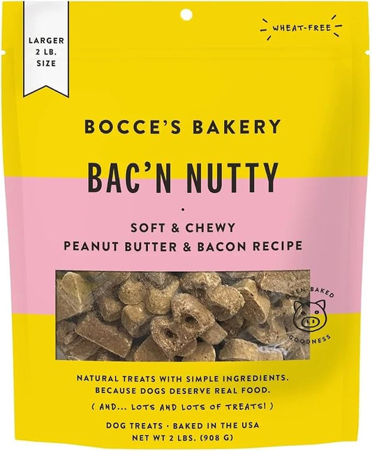 Bocce's Bakery Bac' N Nutty Soft & Chewy Peanut Butter & Bacon Recipe Natural Dog Treats, Wheat-Free, 2 lb (Pack of 1) | All-natural recipe with real ingredients baked in small batches—ideal training rewards or everyday snacks for all breeds
