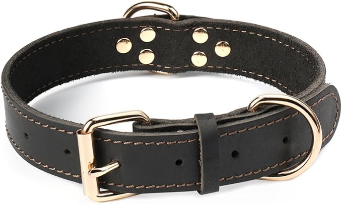 Genuine Leather Dog Collar, Heavy Duty Wide Dog Collar for Small, Medium, Large and Extra Large Dog (L: 1.2" Wide for 16.2"-22" Neck, Single Stitch - Black)