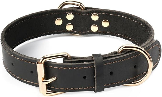 Genuine Leather Dog Collar, Heavy Duty Wide Dog Collar for Small, Medium, Large and Extra Large Dog (L: 1.2" Wide for 16.2"-22" Neck, Single Stitch - Black)