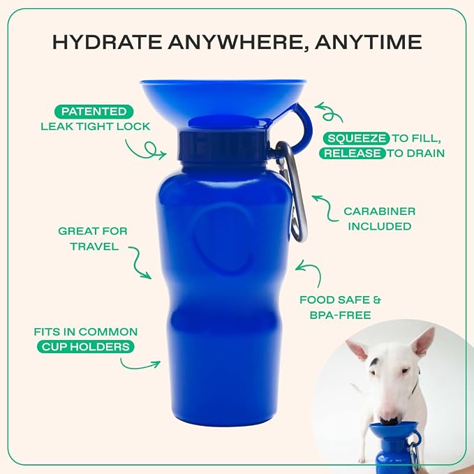 Springer Dog Water Bottle | Portable Travel Drinking Feeder Dispenser for Dogs & Puppies | As Seen on Shark Tank | Leak-Proof Bowl | BPA-Free | Outdoor Walking, Hiking & Travel | 22oz Indigo