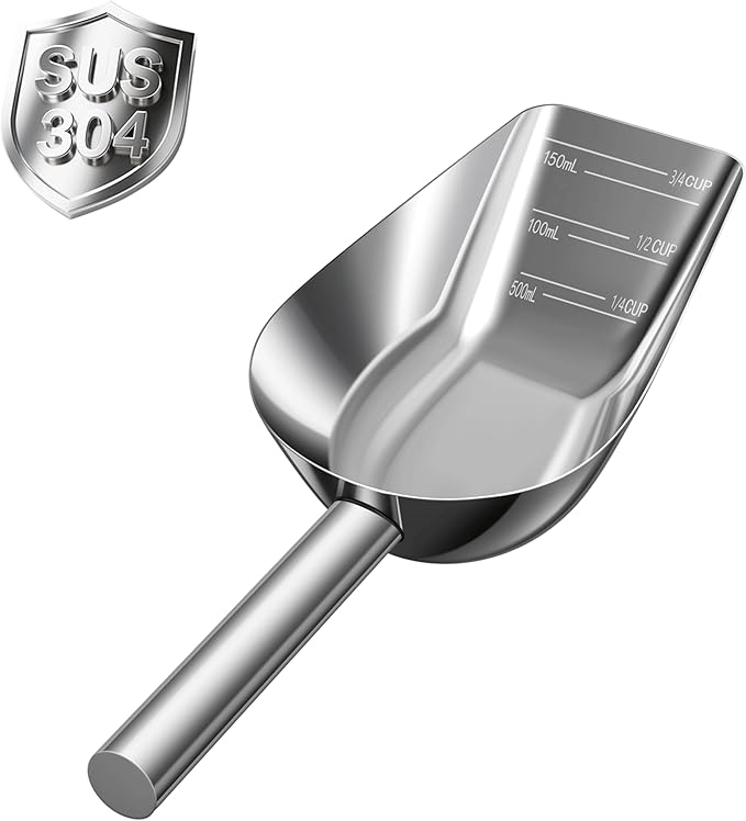 Dog-Cat Food Scoop 3/4 Cup, SSyang Thickened 304 Stainless Steel Pet Food Scoop with Long Handle, Precision Scale, Easy to Clean, Suitable for Wet and Dry Food