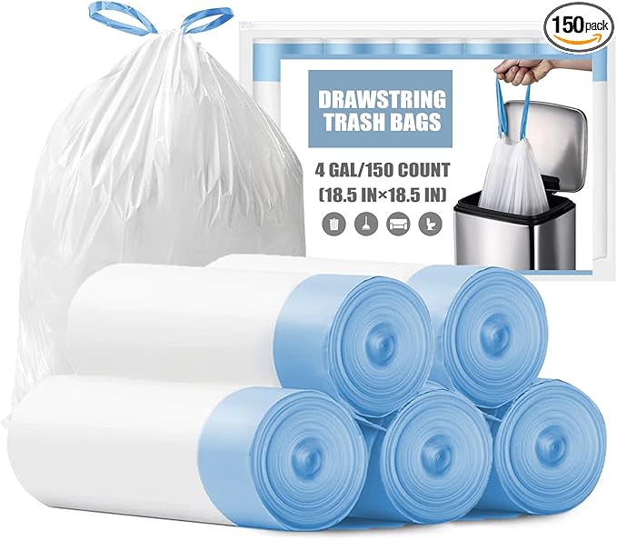 Small Trash Bags 4 Gallon - 150 Count Drawstring 4 Gallon Trash Bag, Tear-Free 4 Gal Small Garbage Bags for Office Bedroom Bathroom Trash Bags, Unscented White 4 Gal Trash Can Liners