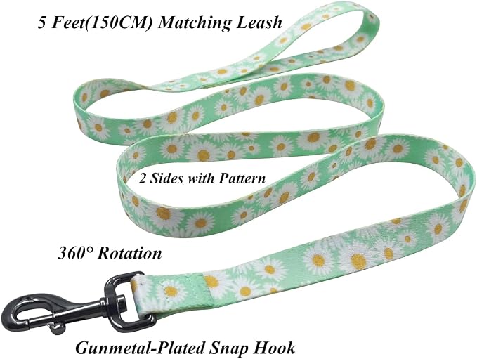 Dog Collar Leash Set, Floral Pattern, Polyester Material, Adjustable Collar and 5ft Matchcing Leash, for Small Dogs.(S, Light Green Daisy)