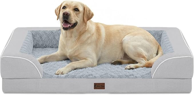 Orthopedic Dog Beds for Extra Large Sized Dogs 45x35 Inch, XL Waterproof Egg Crate Foam Dog Sofa Bed with Removable Washable Cover Big Pet Couch with Bolster & Non-Slip Bottom, Light Grey