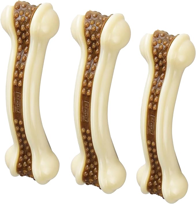 Dog Bones Chew Toys for Aggressive Chewers, 3 Pack Real Beef Flavor,Indestructible Dog Teething Chew Toys for Large/Medium/Small Puppies Breed,Tough Pet Toy with Nylon