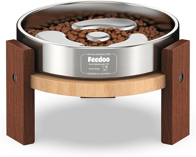 Elevated Dog Bowl Stand, 4'' Height Raised Stand for Small Dogs, Includes 1Cup Stainless Steel Slow Feeder Dog Bowl, Durable Solid Hardwood