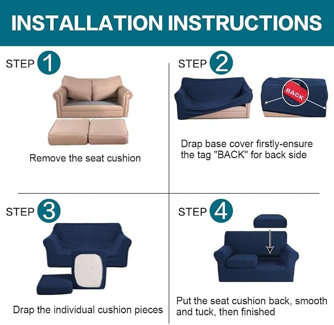 Turquoize 3 Piece Sofa Covers for 2 Cushion Couch Sofa Slipcover Soft Couch Cover for Dogs-Washable Sofa Furniture Covers with 2 Individual Cushion Covers, (2 Cushion Sofa, Navy)