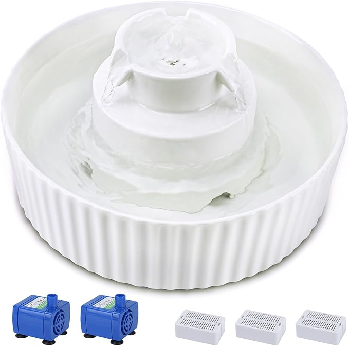 Lawfery Ceramic Cat Water Fountain, 2.1L/71oz Cat Fountain with 3 Carbon Filters and 2 Quiet Pumps, Cupcake Pet Water Dispenser for Cats and Dogs (White)