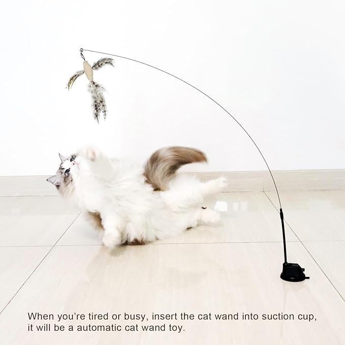 TTcat Cat Toys Suction Cup,2 Cat Wand Toys,8Pcs Birds and Insects Dragonfly Grasshopper Simulation Feather Refills with Bells, Interactive Cat Toys for Indoor Cats and Kitten.