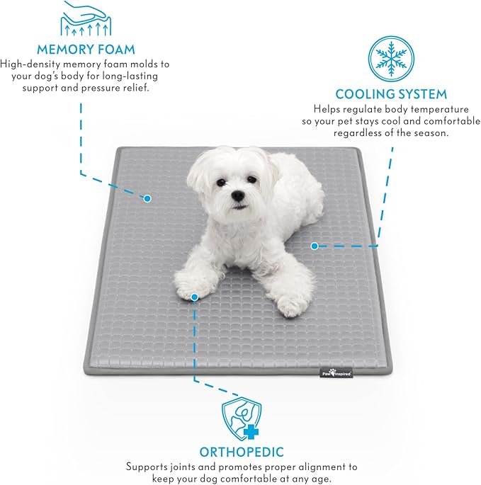 Paw Inspired Cooling Orthopedic Crate Pad for Dogs and Cats, Washable Memory Foam Dog Cooling Mat (29x18 Inch Small Size for 30 Inch Kennel, Gray)