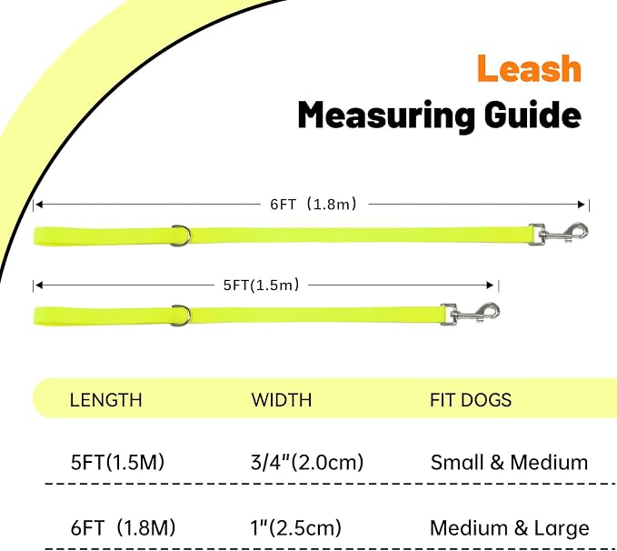 Waterproof Dog Leash, 5/6 FT Durable Odor-Proof Dog Leashes with Strong Metal Hooks Fits Small Medium or Large Dogs (Yellow, 6FT - 1 inch Width)