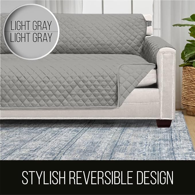Sofa Shield® Couch Slip Covers for Dogs, Reversible Furniture Protector with Strap, Stain and Tear Resistant Cushion Cover, 88 inch Seat, Machine Washable Slipcover Pets, Cats, Light Gray