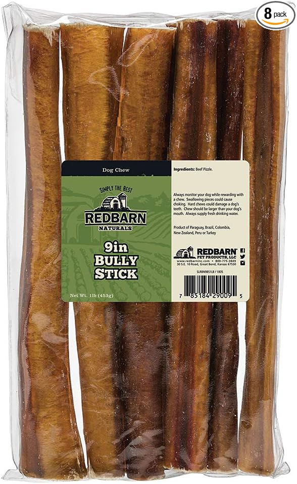 Redbarn Pet Products 9" Bully Sticks for Dogs, 1 lb. Bag, Pack of 8