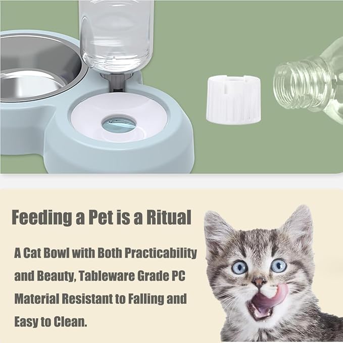 Double Dog Cat Bowls, Cat Food and Water Bowl Set with Auto-Water Dispenser and Stainless Steel Bowl Feeder for Small Size Dogs & Cats, Gift of Anti-Slip Mat, Chic Gray