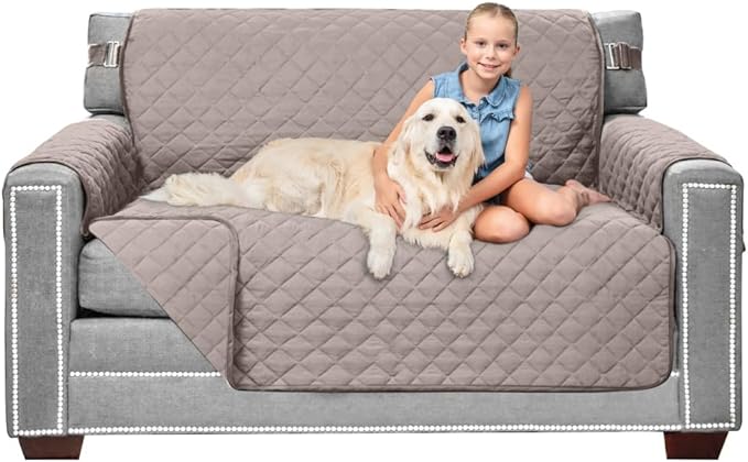 Sofa Shield® Couch Loveseat Covers for Dogs, Reversible Furniture Protector with Strap, Stain and Tear Resistant Cushion Cover, 54 inch Seat, Machine Washable Slipcover Pets, Cats, Light Taupe