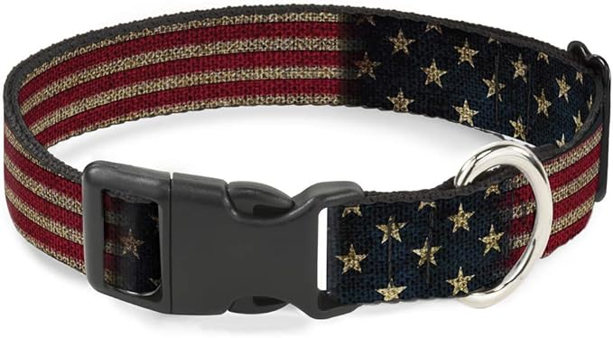 Buckle-Down Plastic Clip Collar - Vintage US Flag Stretch - 1/2" Wide - Fits 9-15" Neck - Large