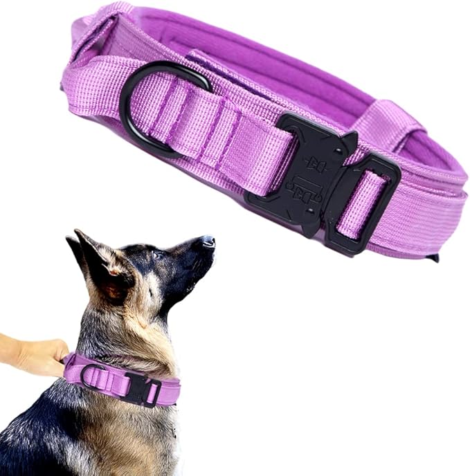 Tactical Dog Collar Adjustable Military Nylon Dog Collar with Control Handle and Heavy Duty Metal Buckle for Medium and Large Dogs (Purple,XXL)