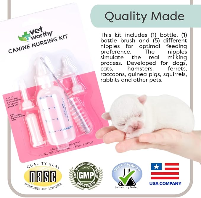 VetWorthy 7-Piece Canine Nursing Kit - Dog Nursing Set for Orphaned and Newborn Puppies - Pet Feeding Support Kit with Feeding Bottle, Milk Bottle Brush, and 5 Nipples
