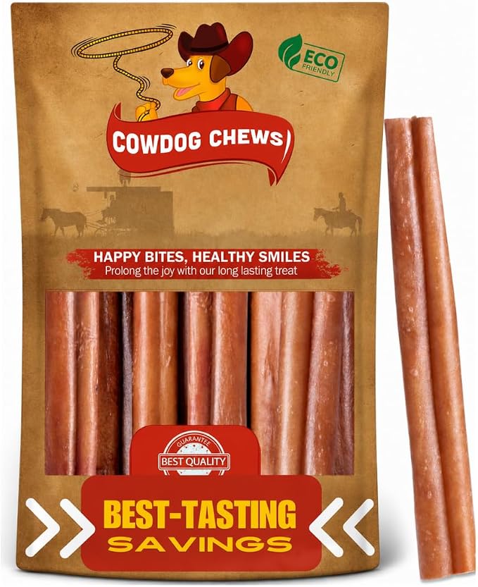 Cowdog Chews Beef Bully Stick: Odor-Free, Fully Digestible Beef Collagen Chews (5-7", 25 Count) - Natural, Grain-Free, Long-Lasting Collagen Bully Stick Substitute for All Dog Breeds