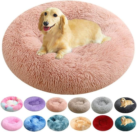 Dog Bed for Small Medium Large Dogs, 16 Inch Calming Dogs Bed, Anti-Anxiety Donut Cuddler Cat Bed with Anti-Slip Bottom, Fluffy Faux Fur Machine Washable Pet Cushion for Dog & Cat (Pink)