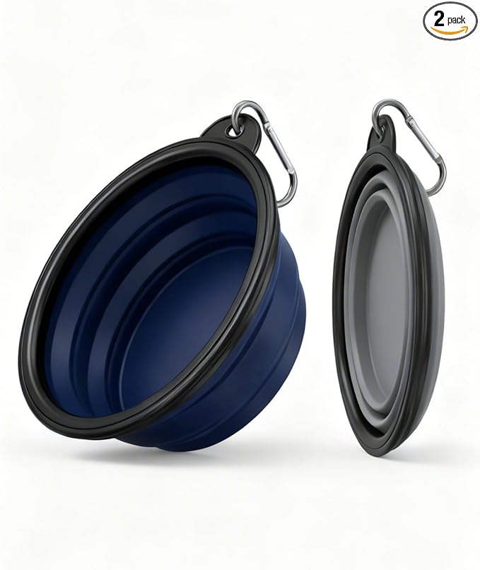 Collapsible Dog Bowls for Travel, 2-Pack Dog Portable Water Bowl for Dogs Cats Pet Foldable Feeding Watering Dish for Traveling Camping with Carabiners, BPA Free (Grey&Navy-NEW, Small (Pack of 2))