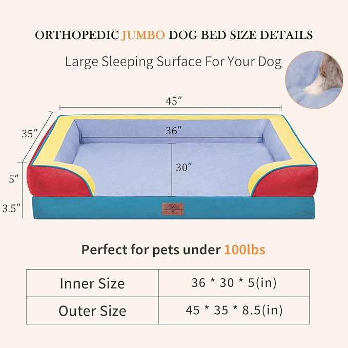 Comfort Expression Orthopedic Dog Bed for Extra Large Dogs 45x35 Inch, Waterproof Egg Crate Foam XL Pet Bed with Bolsters, Dog Couch with Washable Cover & Non-Slip Bottom, Funfetti Fiesta