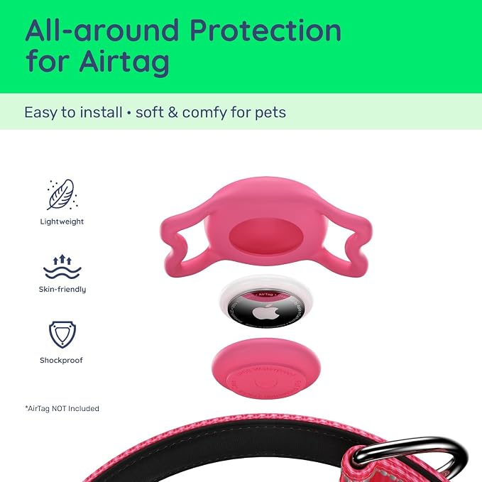 Airtag Dog Collar, Reflective Ultra-Durable Nylon Padded with QR Code Buckle & IP68 Waterproof Air Tag Holder Compatible for Apple AirTag, Comfortable for Small Medium Large Dogs (Hot Pink, XS)