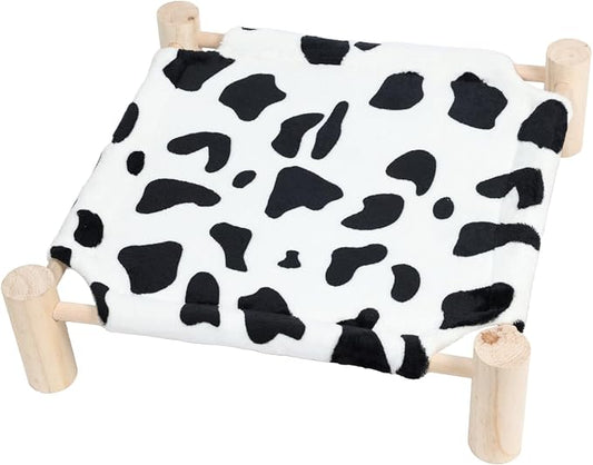 Patas Lague Cat and Dog Hammock Bed for Small Dogs, Brethable Wooden Cat Pet Rabbit Elevated Bed Cots Furniture for All Seasons Fleece Cow Print