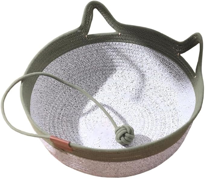 Instinct Basket for Cats & Cotton pad Stimuli Cat Bed with Toy Tail Cats Ear Design Breathable All Season Universal Scratch-Resistant (Dark Green, S)