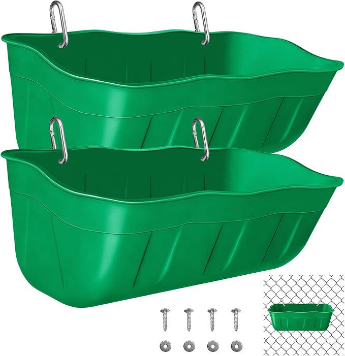 Chicken Feeder Waterer,Hanging Goat Feeders,Feed Trough 3.5 Quart 2 Pack,Hanging Fence Feed Trough for Poultry Livestock,Green