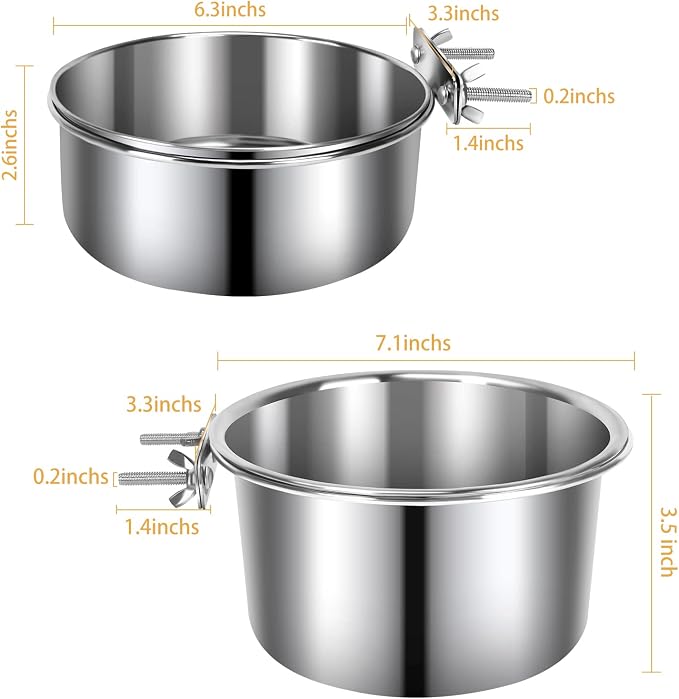 2 Pcs Large Pet Dog Food Water Bowl for Cage Stainless Steel Non-Spill Kennel Hanging Cats Bowls with Clamp Holder Crate Feeder Dish for Medium Large Dogs Huge Pets (7.1x3.5'' & 6.3x2.6'')