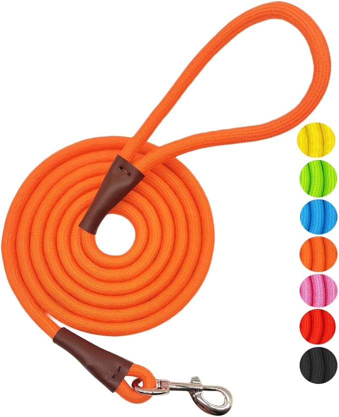 MayPaw 4/6 /8/10 FT Dog Leash, Classic Orange, Strong Nylon Rope Dog Leash Reinforced with Leather Tailor Connection Heavy Duty Silver Clasp (4ft*1/2", Orange)