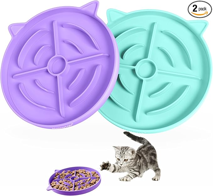MateeyLife Slow Feeder Cat Bowl, 2 Pcs Cat Puzzle Feeder, Non-Slip Silicone Cat Dish, Prevent Overeating Cat Slow Feeder for Dry and Wet Food, Pet Bowls to Slow Down Eating, Easy to Clean