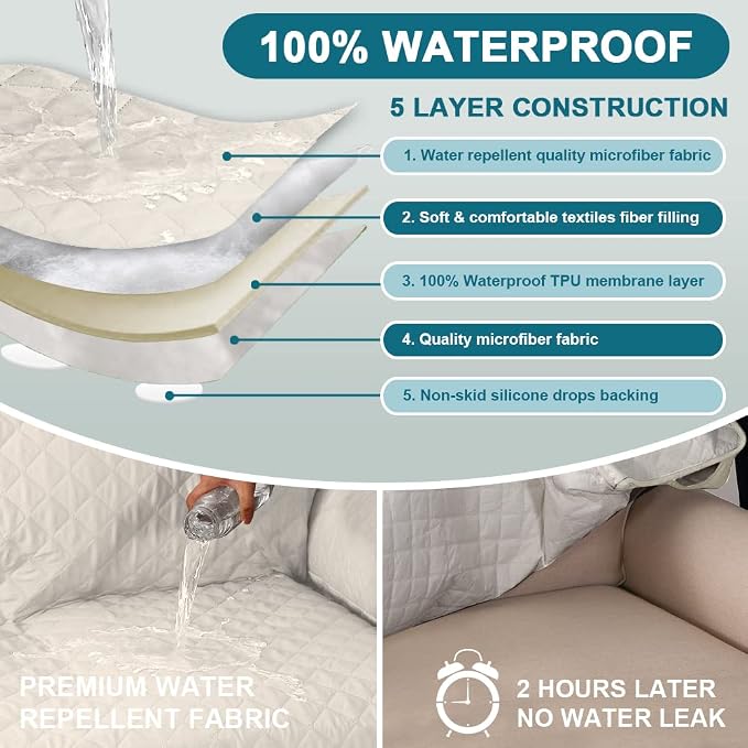 Turquoize 100% Waterproof Sofa Covers Chaise Lounge L Shape Sofa Protector Slip Cover Triple Non-Slip Sofa Slipcover for Sectional Couch Cover for Pets, Kids (Chaise, Ivory)