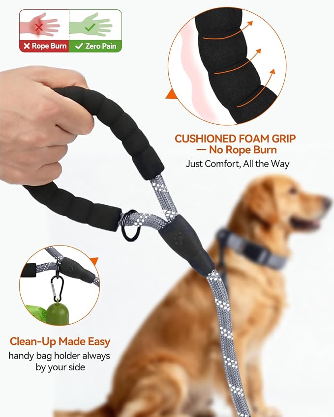 Joytale Dog Leash for Large Dogs, Heavy Duty Nylon Leashes with Comfortable Padded Handle and Highly Reflective Threads, Ideal for Walking and Training, Gray, 5'×1/2''