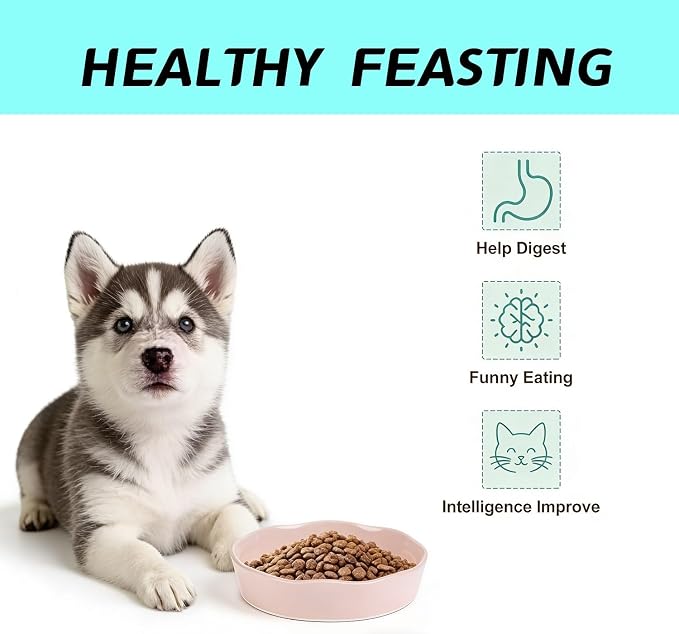 Pet Feeding Bowls, Ceramic Slow Feeder Dog Bowl - Heavy Weighted Blue Bloom Food Dish for Small to Medium Dogs - Non-Slip, Microwave & Dishwasher Safe Pottery Maze to Fast Eating (Pink)