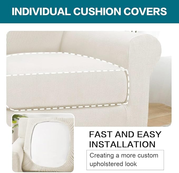 Turquoize 2 Piece Chair Covers Armchair Slipcovers for Living Room Armchair Sofa Cover with Individual Cushion Covers Feature Jacquard Fabric (Chair, Porcelain White)