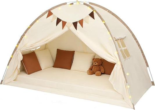Redants Twin Bed Tent Canopy, Indoor Blackout Privacy Toddler Bed Tent for Kids with Light, Portable Sleeping Floor Kids Playhouse (Cream, Twin Size)