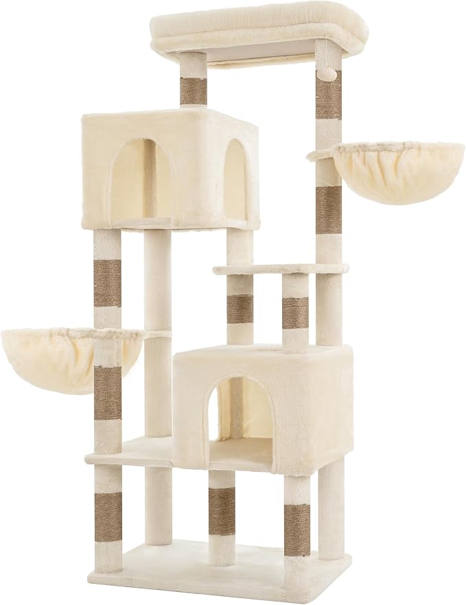 Heybly 68.1" Cat Tree with Oversized Top Platform & Wide Base, Heavy Duty Cat Tower for Large Indoor Cats with 2 Condos, 2 Hammocks, 10 Sisal Scratching Posts, Stable Cat House, Beige HCT059MJ