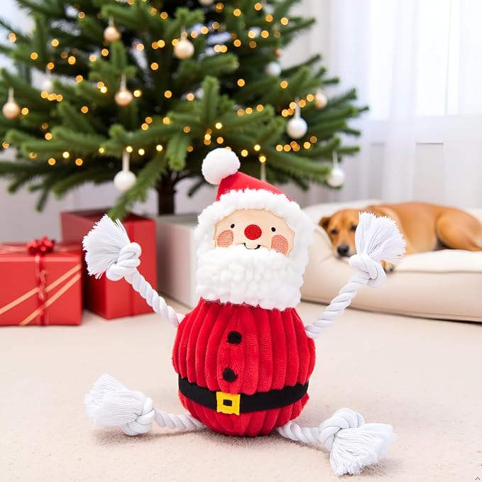 Pearhead The Real Santa Claus Holiday Dog Toy, Durable Corduroy Rope Toy, Stuffed Plush Chew Toy with Loud Squeaker, Christmas Stocking Stuffer for Pets