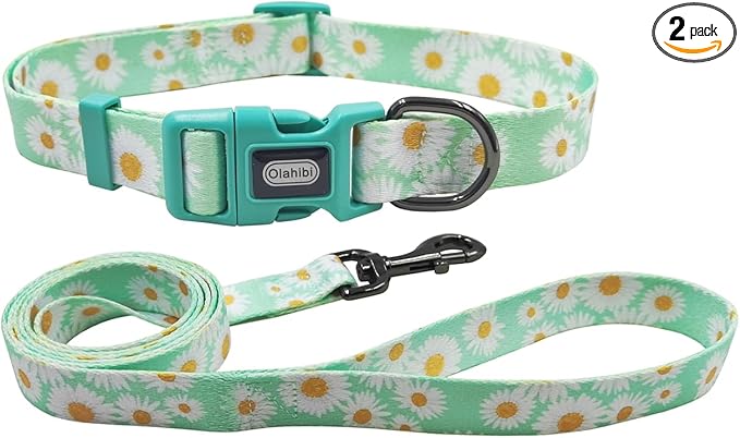 Dog Collar Leash Set, Floral Pattern, Polyester Material, Adjustable Collar and 5ft Matchcing Leash, for Medium Dogs.(M, Light Green Daisy)
