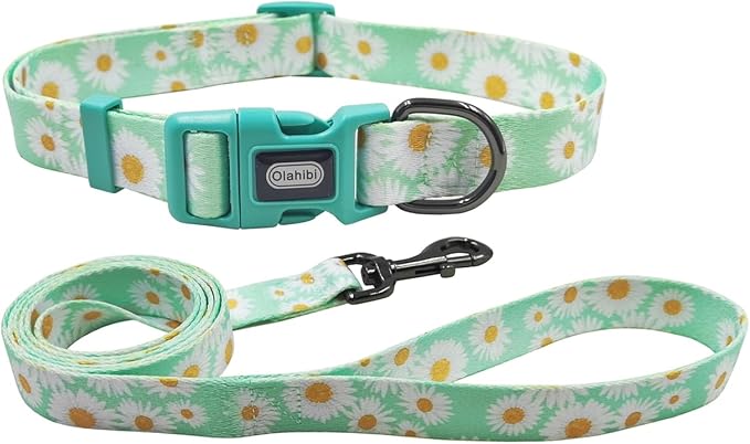 Dog Collar Leash Set, Floral Pattern, Polyester Material, Adjustable Collar and 5ft Matchcing Leash, for Large Dogs.(L, Light Green Daisy)