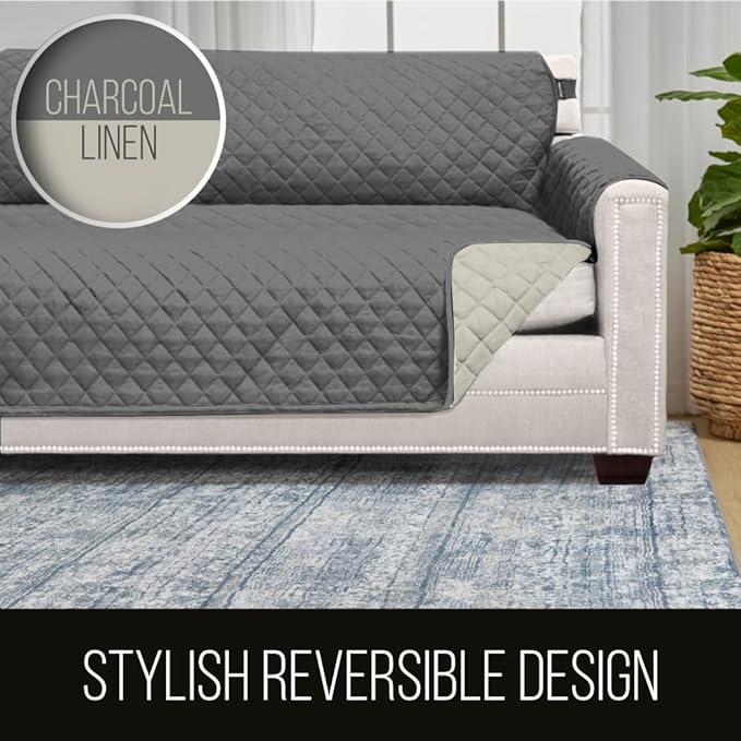Sofa Shield® Couch Sectional Covers for Dogs, Reversible Furniture Protector with Strap, Stain and Tear Resistant Cushion Cover, 30x30 inch Seat, Machine Washable Slipcover Pets, Cats, Charcoal Linen