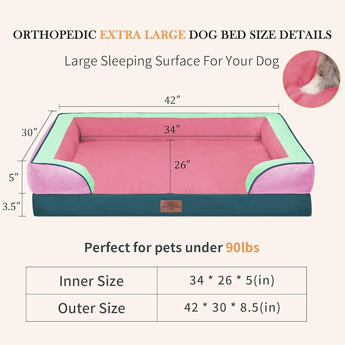 Comfort Expression Orthopedic Dog Bed for Extra Large Dogs 42x30 Inch, Waterproof Egg Crate Foam XL Pet Bed with Bolsters, Dog Couch with Washable Cover & Non-Slip Bottom, Mint-Berry Dream