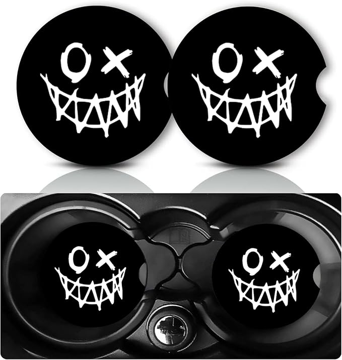 2Pack Evil Smiley Face Car Cup Holder Coaster,Funny Gifts for Women Men,Vehicle Interior Drink Mat Reusable Neoprene Car Coasters for Cup Holders Decor,Devil Smiling Face Automotive Accessories